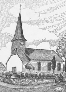 Kirche, Ansicht von Südwesten, Zeichnung von Herbert van Dam, 1952