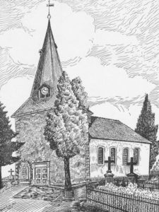 Kirche, Ansicht von Südwesten, Zeichnung von Herbert van Dam, 1953