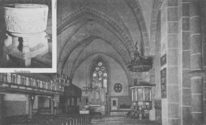 Kirche, Blick zum Altar, Taufstein, um 1948
