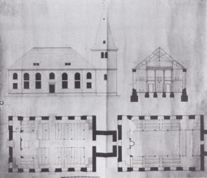 Kirche, Grundrisse, Querschnitt (Blick zum Altar), Außenansicht von Norden, Entwurfszeichnungen von F. A. L. Hellner, 1825