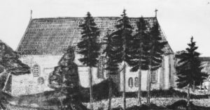 ehem. Kirche, Ansicht von Süden, 1837, Tuschezeichnung von stud. theol. Friedrich Wilhelm Wiedemann