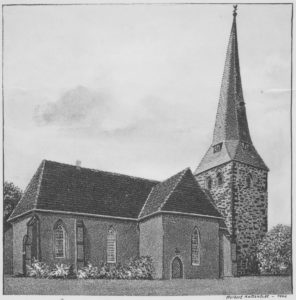 Kirche, Ansicht von Nordosten, Zeichnung von Herbert Kattentidt, 1940