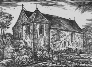 Kirche, Ansicht von Südwesten, Linolschnitt (?), um 1955