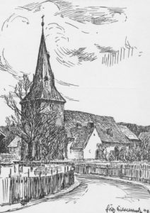 Kirche, Ansicht von Südwesten, Zeichnung von H. Hildebrandt, 1940
