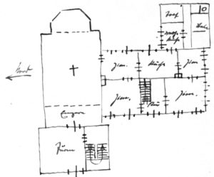 Kirche (links) und Pfarrhaus (rechts), Grundriss, Skizze, 1938