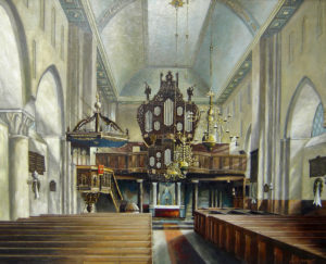 Kirche, Blick zum Altar und zur Orgel, 1930, Gemälde