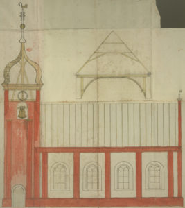 Kirche, Grundriss, Entwurf für die neue Kirche mit Turm (Turm nicht ausgeführt), aquarellierte Zeichnung, um 1779