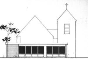 Kirche (hinten) mit Anbau Gemeindehaus (vorne), Ansicht von Süden, 1974, Grafik, Entwurf Anbau Gemeindehaus