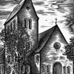 Kirche, Außenansicht, um 1955, Schnitt von A. D.
