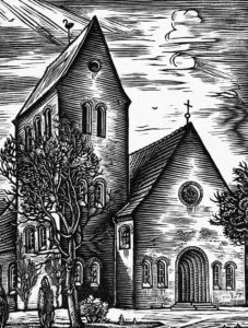 Kirche, Außenansicht, um 1955, Schnitt von A. D.