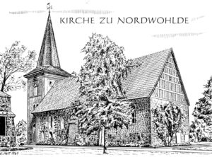 Kirche, Ansicht von Südosten, 1969, Zeichnung von E. Hett