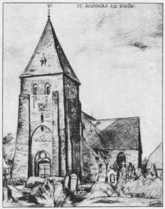 Kirche, Ansicht von Südwesten, Zeichnung von Sindel