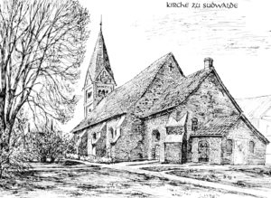 Kirche, Ansicht von Südosten, Zeichnung