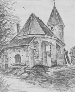 Kirche, Ansicht von Nordosten, 1938, Zeichnung von Sindel