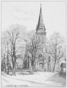 Kirche, Westen, 1950, Zeichnung von Sindel