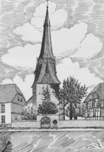 Kirche, Ansicht von Nordwesten, Federzeichnung von Herbert van Dam, 1952