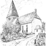 Kirche, Ansicht von Südosten, 1959, Zeichnung von Sindel