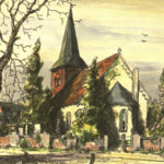 Kirche, Ansicht von Südosten, um 1948, kolorierte Zeichnung