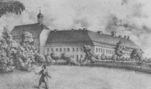 Kirche und Kloster, Ansicht von Nordwesten, zwischen 1729 und 1867, Grafik (Ausschnitt)