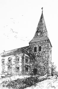 Kirche, Ansicht von Nordwesten, 1958 oder 1959, Federzeichnung von Kurt Sindel