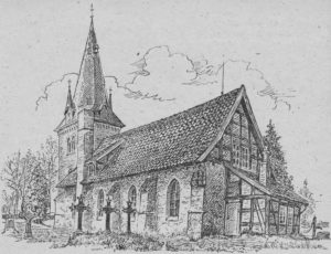 Kirche, Ansicht von Südosten, 1947, Zeichnung von R. Strasser