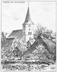 Kirche, Ansicht von Nordwesten, Zeichnung von Sindel, 1951