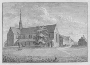 Kirche, Kloster, Ansicht von Nordwesten, Kupferstich von E. Riepenhausen nach einer Zeichnung von G. Comperl (nach Scheffsky)