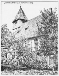 Neue Kirche, Ansicht von Südosten, 1950, Zeichnung von Sindel