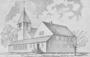 Neue Kirche, Pfarrhaus mit Gemeindesaal (im Vordergrund), Ansicht von Südwesten, Kupferdruck, nach 1929