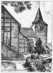 Kirche, Ansicht von Nordosten, 1950, Zeichnung von Sindel