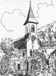 Kirche, Ansicht von Nordwesten, Zeichnung