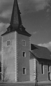 Kirche, Ansicht von Südwesten (Teilansicht), um 1953
