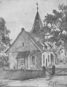 Kirche, Ansicht von Nordosten, um 1948, Zeichnung