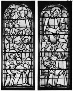Chorfenster, Nordseite, links: Evangelist Matthäus und Bergpredigt, rechts: Evangelist Markus und Blindenheilung, Foto: H. Litzke, Bad Grund, 1955 (?)