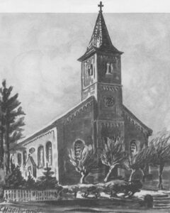 Kirche, Ansicht von Südosten, Aquarell (?) von F. Hildebrandt