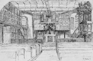 Kirche, Blick zum Altar, Zeichnung von E. Zipplies, 1955