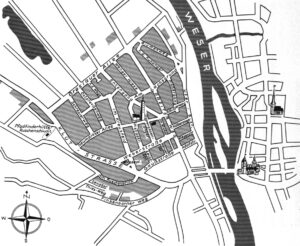 Stadtplan mit Lage der Kirche Zum Heiligen Kreuz, um 1964