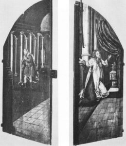 Bemalte Türflügel zwischen Turmhalle und Schiff (links Zöllner, rechts Pharisäer), 1974