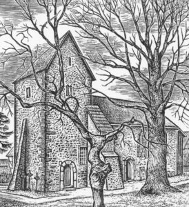 Kirche, Ansicht von Südwesten, Holzschnitt (?), Postkarte, 1974