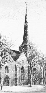 Kirche, Ansicht von Nordosten, Teilansicht, Zeichnung von Hauschteck, 1930