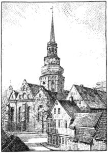 Kirche, Ansicht von Nordosten, Teilansicht, um 1942, Grafik