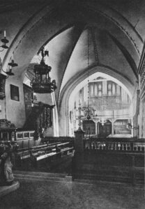 Kirche, Blick zur Orgel, Kupferdruck, vor 1948