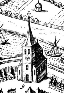 Kirche, Ansicht von Südwesten, Ausschnitt aus dem Kupferstich in Janssons Germania Superior, 1657