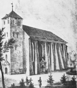 Kirche, Ansicht von Südwesten, um 1850/55, Grafik