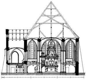 Kirche, Querschnitt durch das Brauthaus und die Schiffe, Blick zum Altar, 1934
