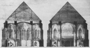 Kirche, Querschnitte, Blick nach Osten und Westen, Zeichnung von Conrad Wilhelm Hase, 1862