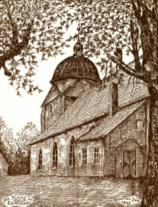 Kirche, Ansicht von Südosten, Teilansicht, 1948, Zeichnung von Herbert van Dam