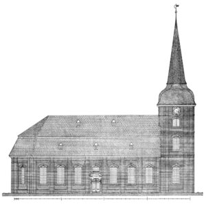 Kirche, Ansicht von Norden, vor 1956, Grafik