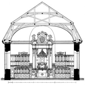 Kirche, Querschnitt, Blick zum Altar, vor 1956