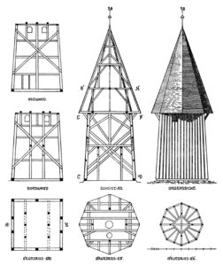 Turm, Grundrisse, Schnitte, Ansicht von Westen, vor 1956, Grafik nach einer Zeichnung von H. Siebern
